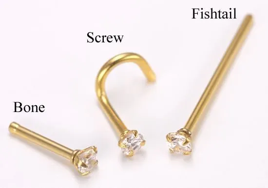 18g Nose Bone, Screw or Fishtail with 2.5mm CZ 24kt gold plated - Price Per 1