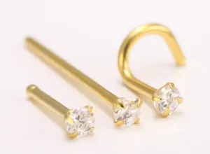 18g Nose Bone, Screw or Fishtail with 2.5mm CZ 24kt gold plated - Price Per 1