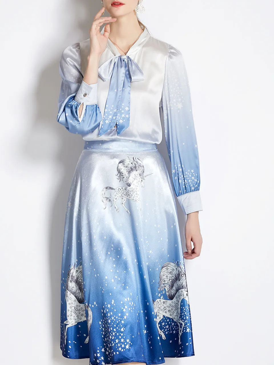 2PS Blue Unicorn Print Shirt With Bowknot Long Sleeve And Skirt Suit