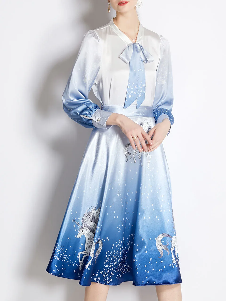 2PS Blue Unicorn Print Shirt With Bowknot Long Sleeve And Skirt Suit