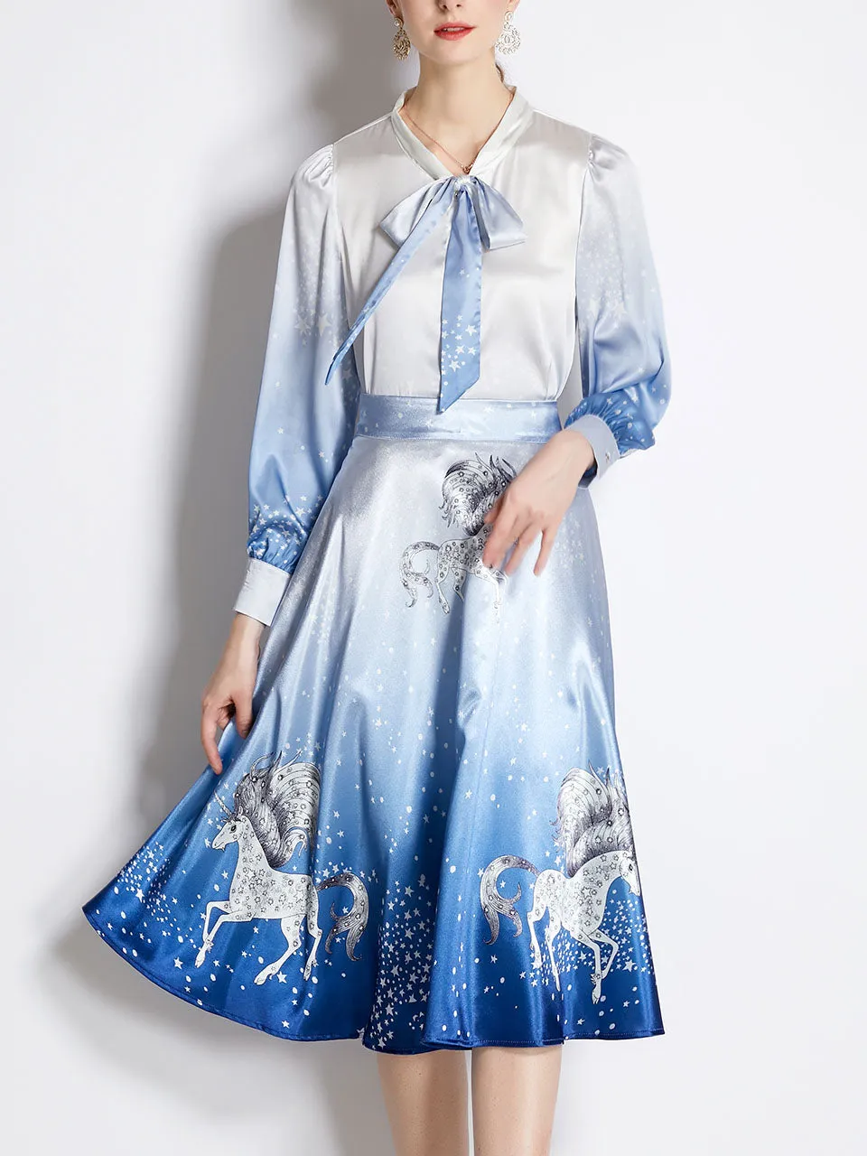 2PS Blue Unicorn Print Shirt With Bowknot Long Sleeve And Skirt Suit