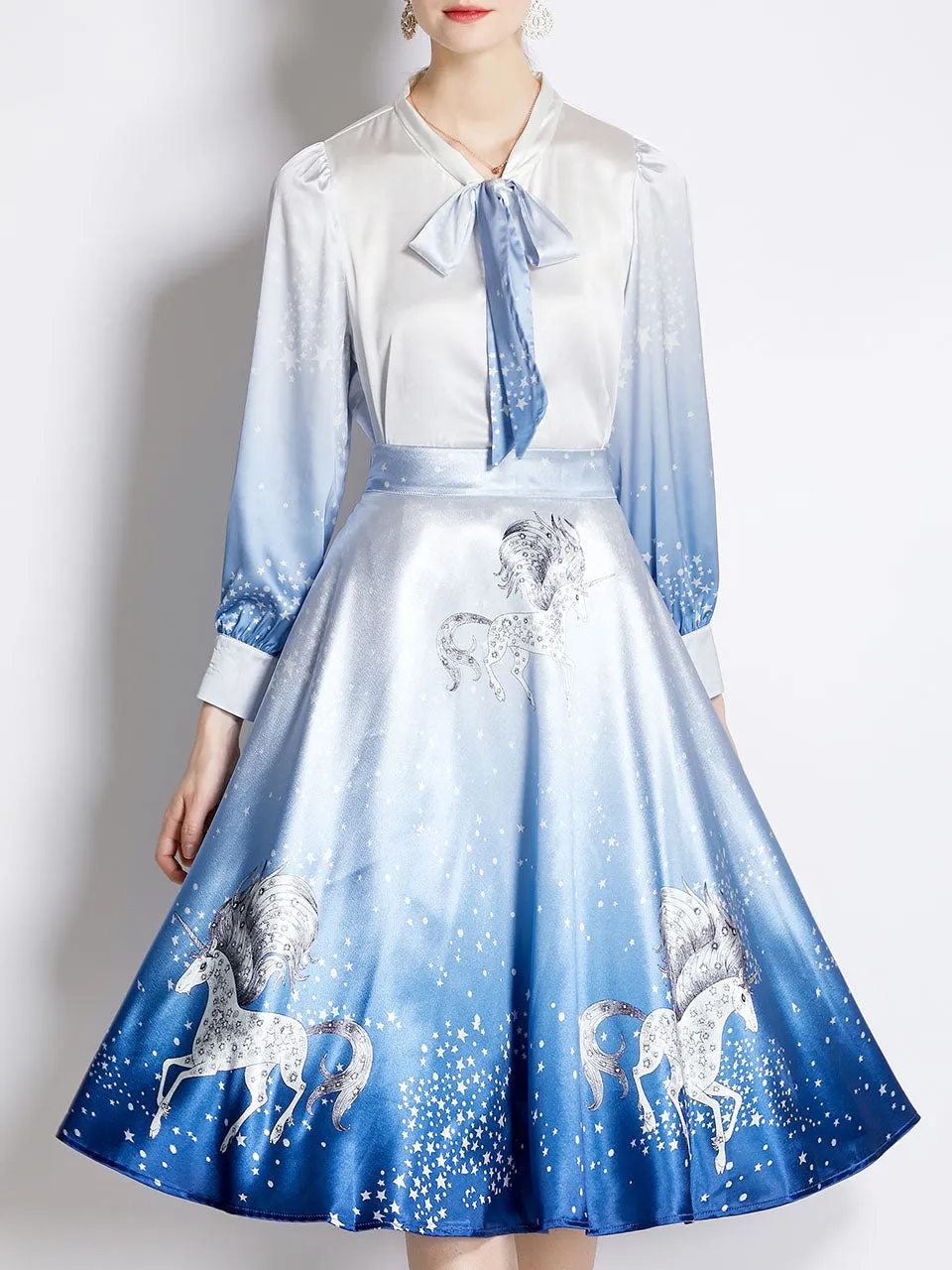 2PS Blue Unicorn Print Shirt With Bowknot Long Sleeve And Skirt Suit