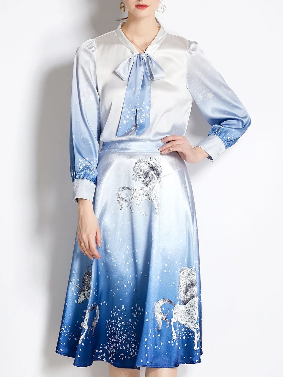 2PS Blue Unicorn Print Shirt With Bowknot Long Sleeve And Skirt Suit