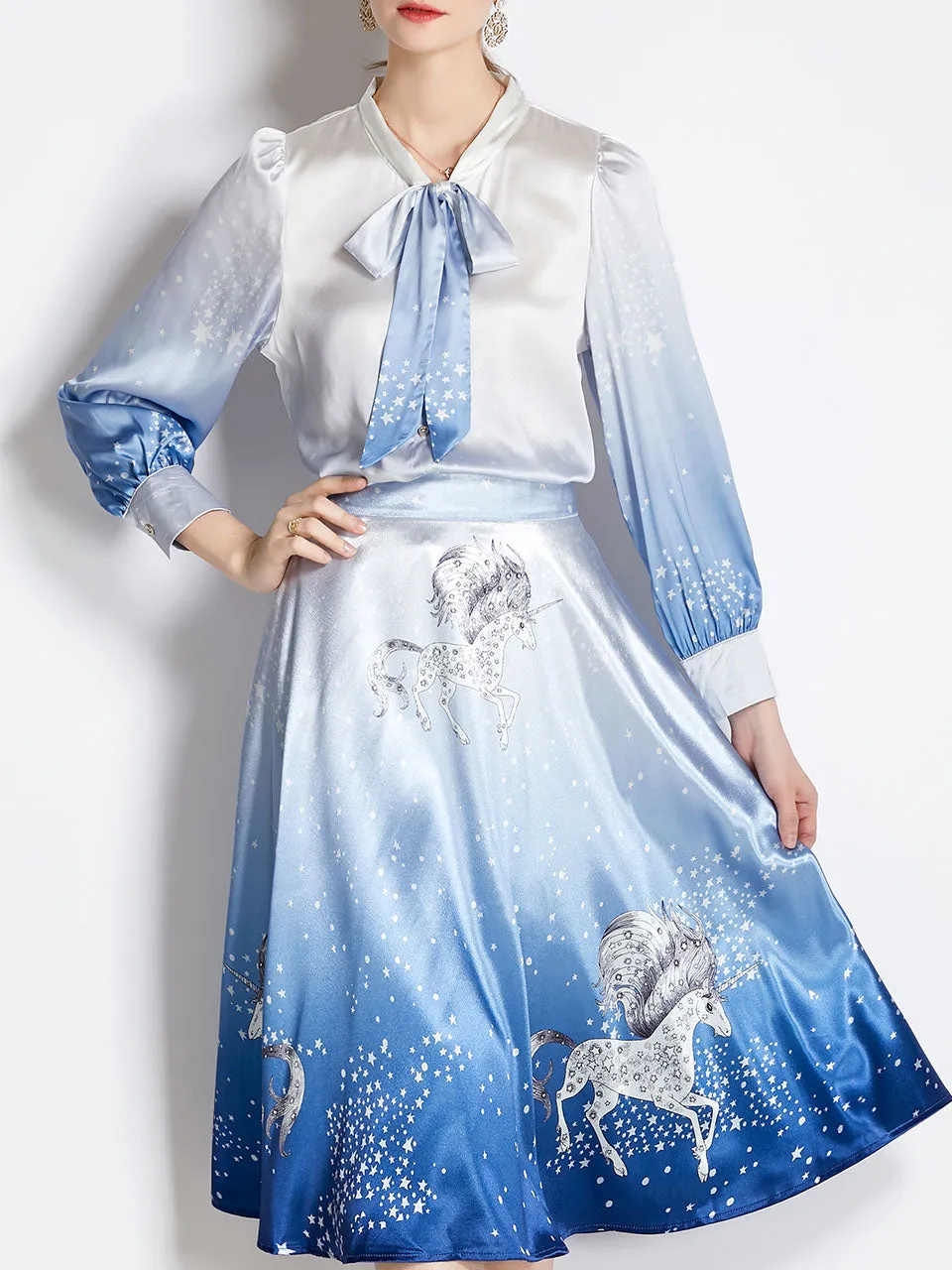 2PS Blue Unicorn Print Shirt With Bowknot Long Sleeve And Skirt Suit