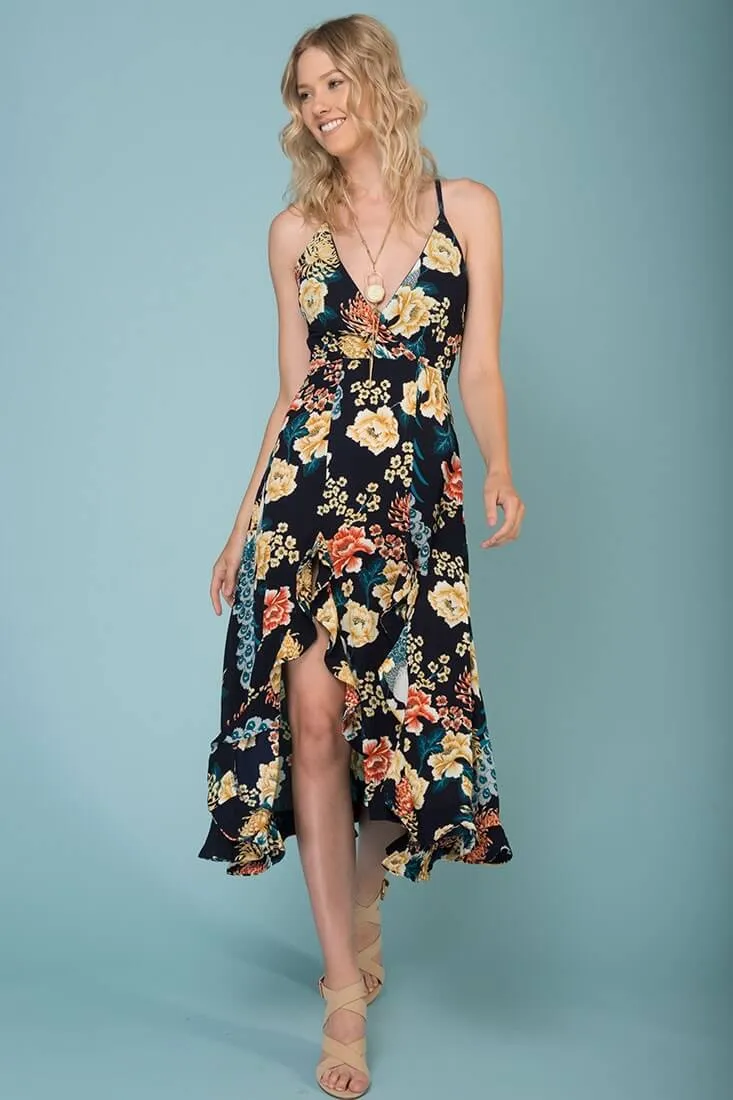 Adalynn Hi Low Deep V Floral Midi Dress Navy