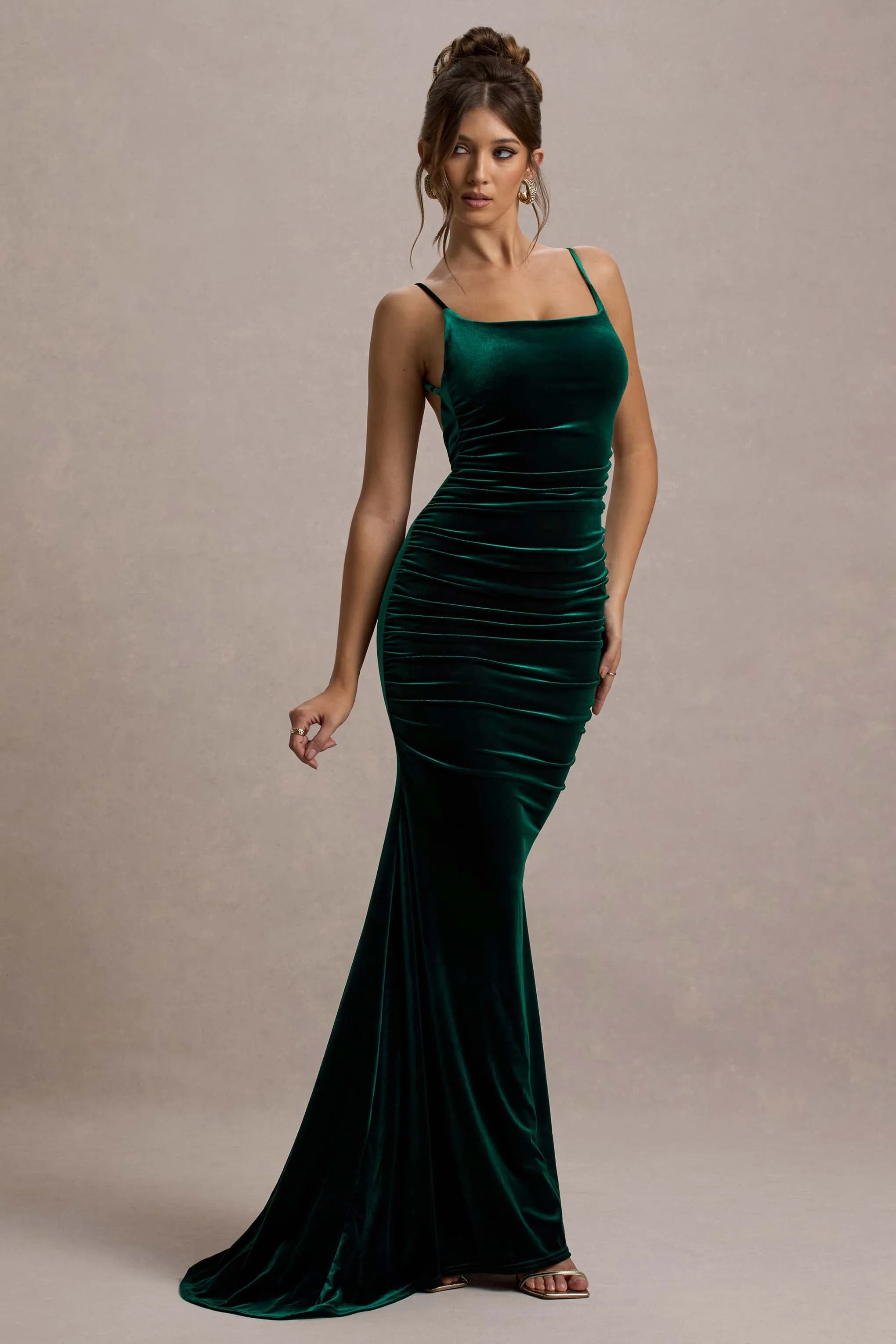 Adele | Bottle Green Velvet Ruched Strappy Fishtail Maxi Dress