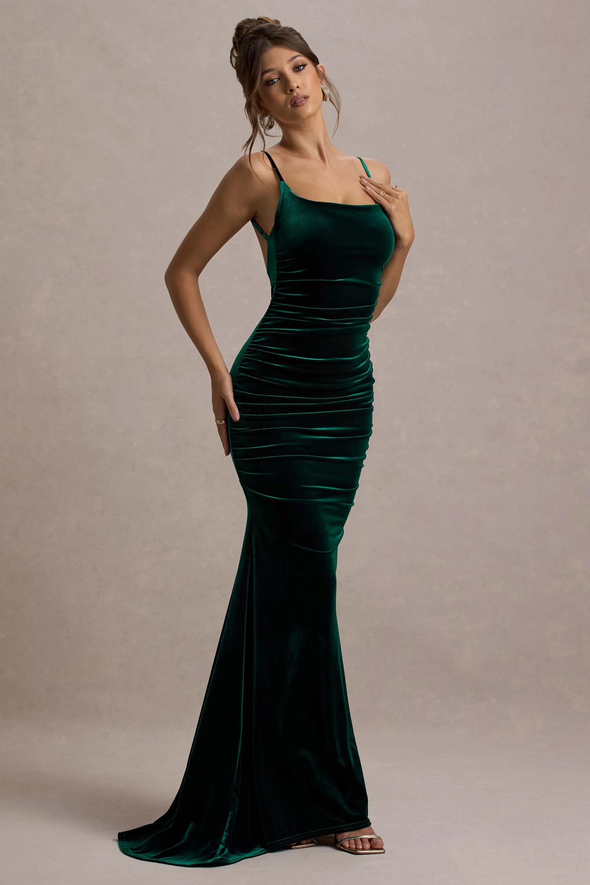 Adele | Bottle Green Velvet Ruched Strappy Fishtail Maxi Dress