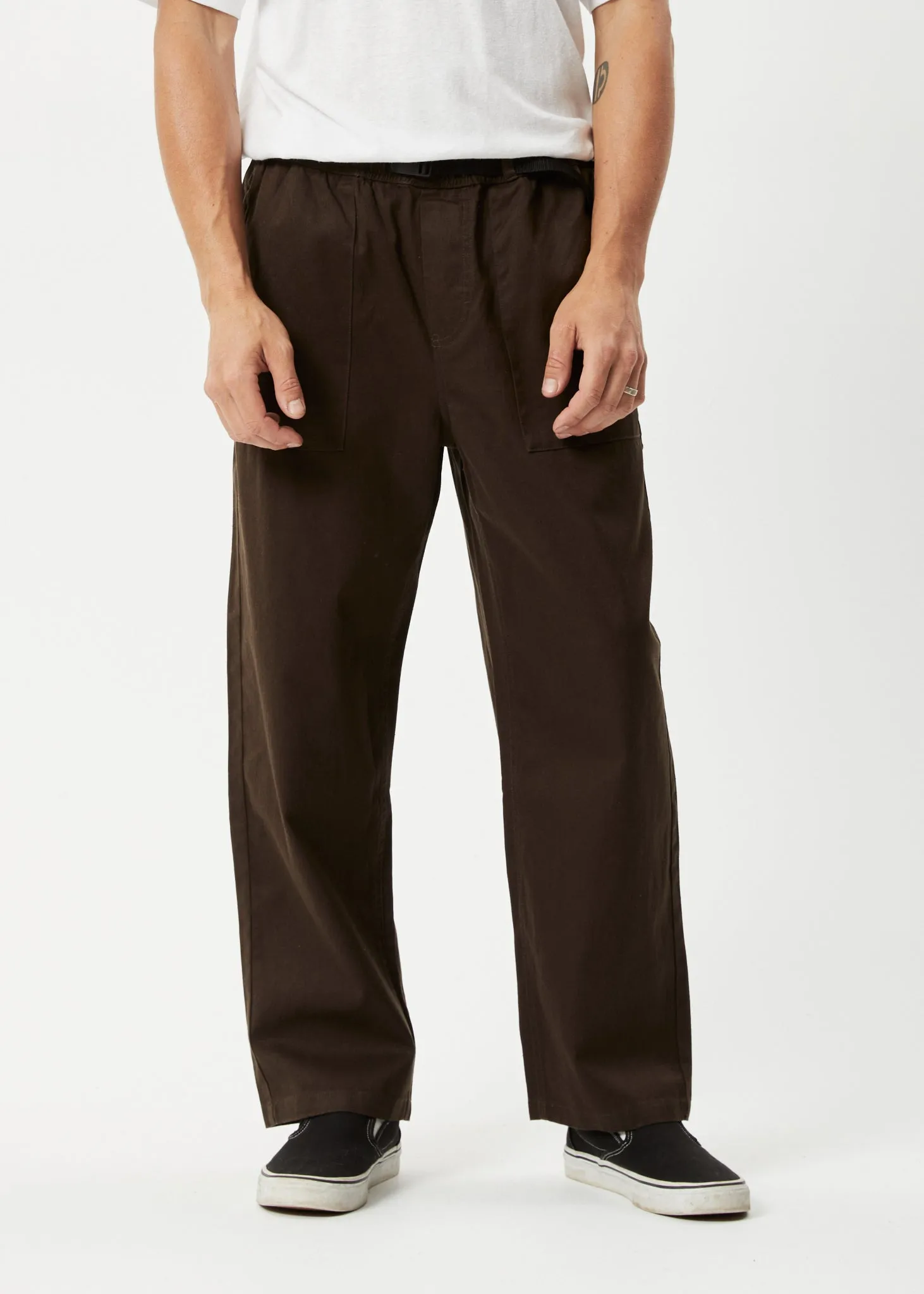 AFENDS Mens Cabal - Elastic Waist Relaxed Pants - Earth