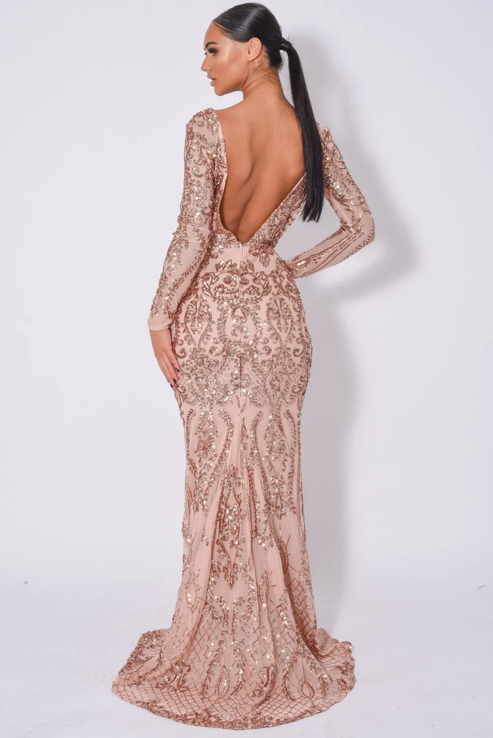 Annabella Rose Gold V Back Floral Plunge Sequin Fishtail Dress