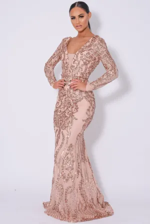 Annabella Rose Gold V Back Floral Plunge Sequin Fishtail Dress