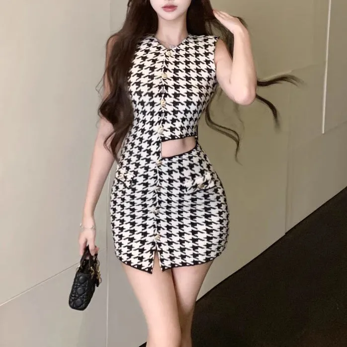 Asymmetric Hollow Design Houndstooth Knitted Dress