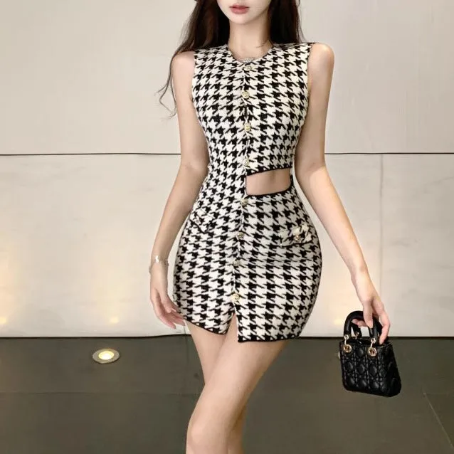 Asymmetric Hollow Design Houndstooth Knitted Dress