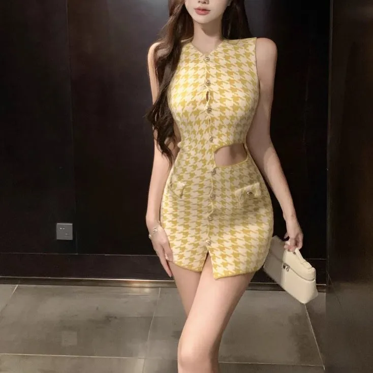 Asymmetric Hollow Design Houndstooth Knitted Dress