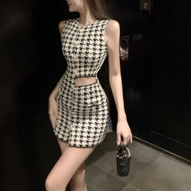 Asymmetric Hollow Design Houndstooth Knitted Dress