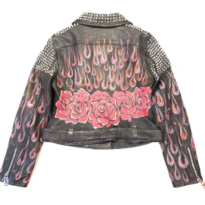 Barya NewYork Ladies Rose Fire Painted Spiked Biker Jacket