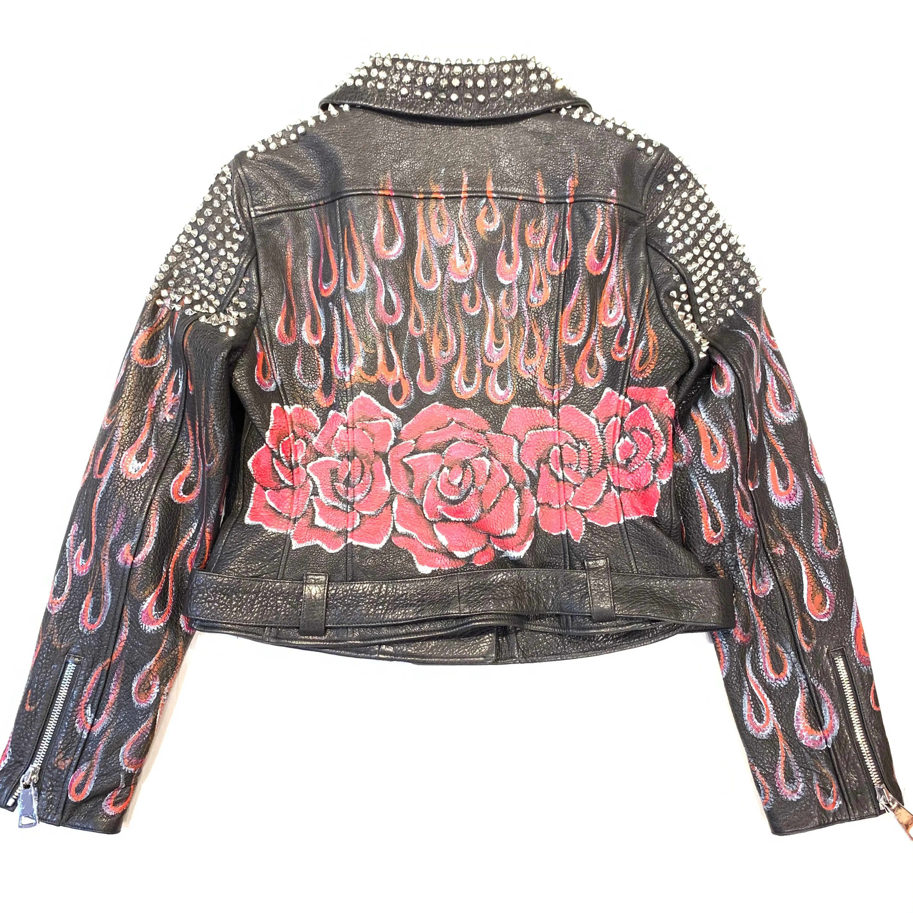 Barya NewYork Ladies Rose Fire Painted Spiked Biker Jacket