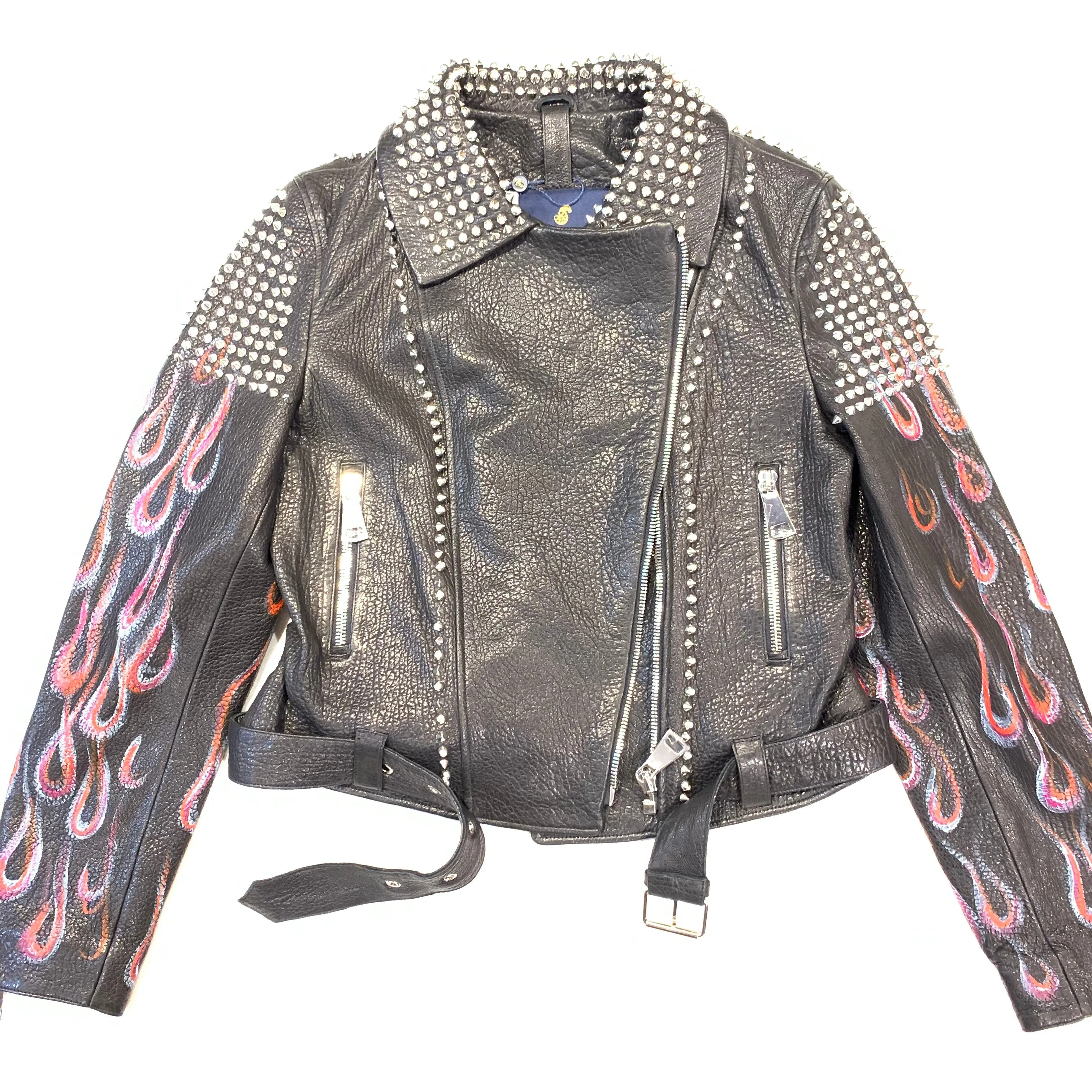 Barya NewYork Ladies Rose Fire Painted Spiked Biker Jacket