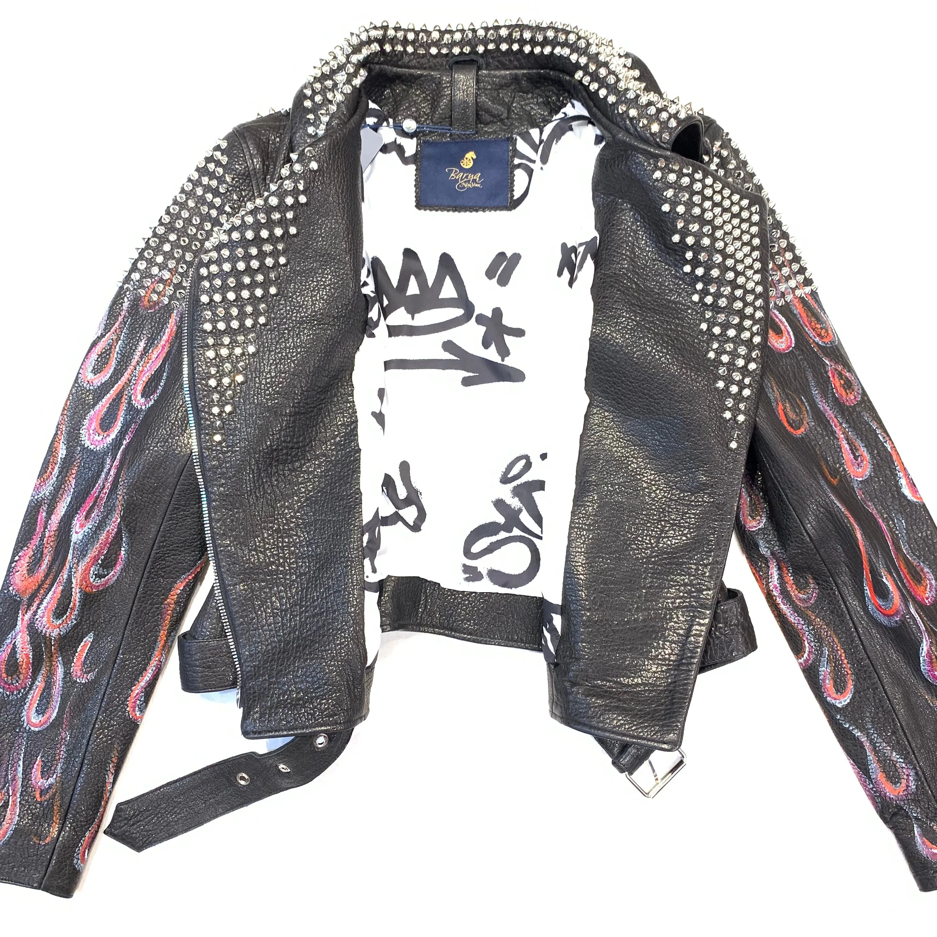 Barya NewYork Ladies Rose Fire Painted Spiked Biker Jacket