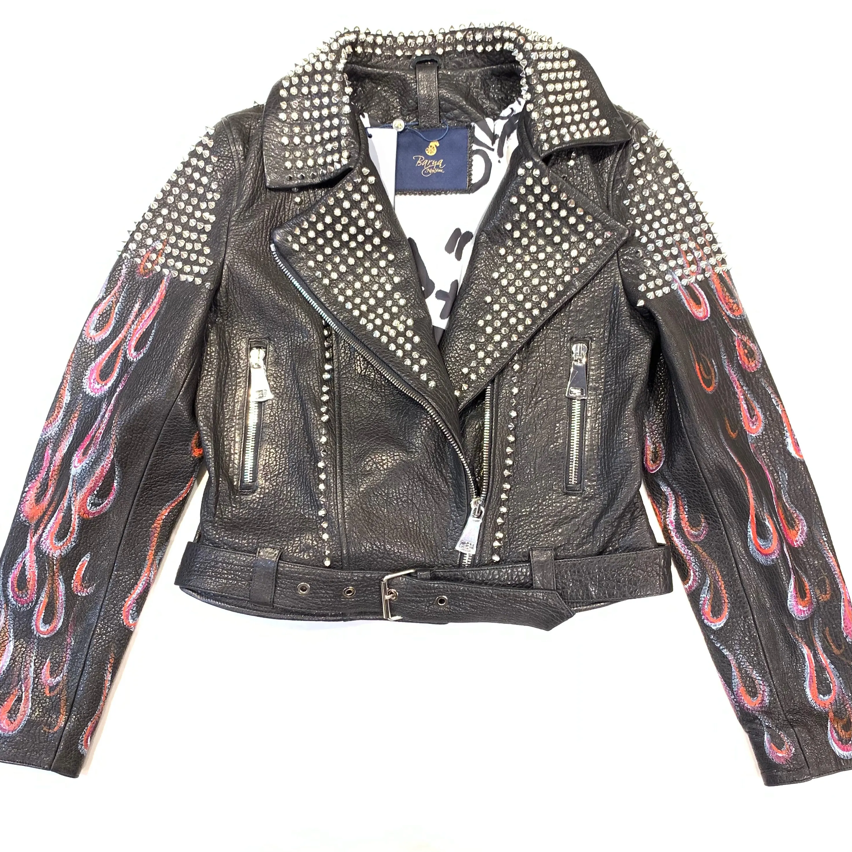 Barya NewYork Ladies Rose Fire Painted Spiked Biker Jacket