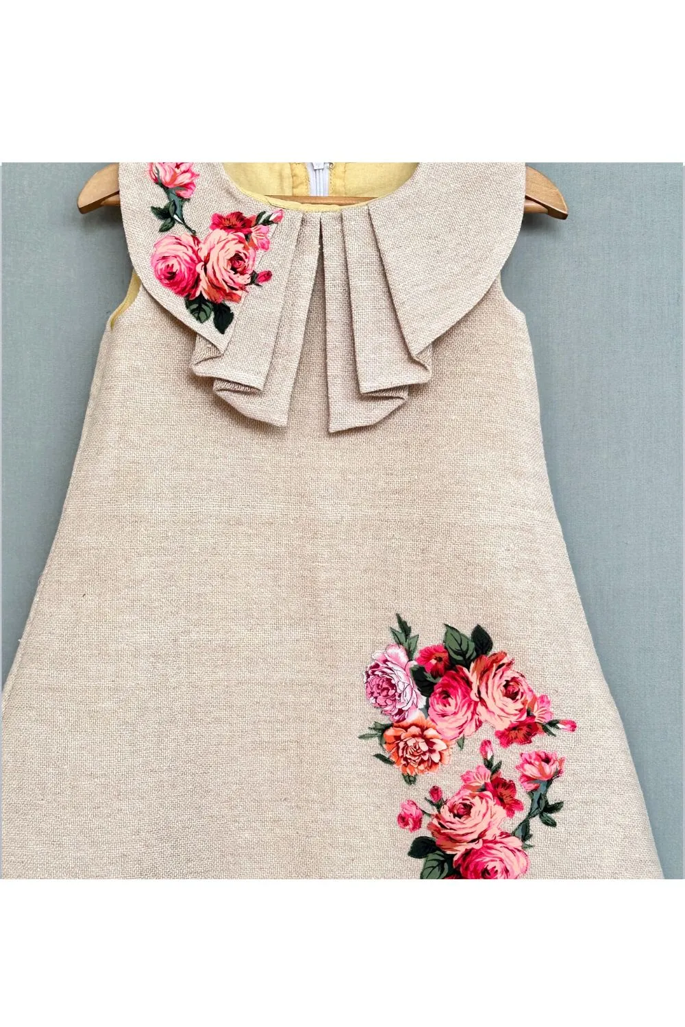 Beige Cotton Jute Linen Dress with Floral Applique