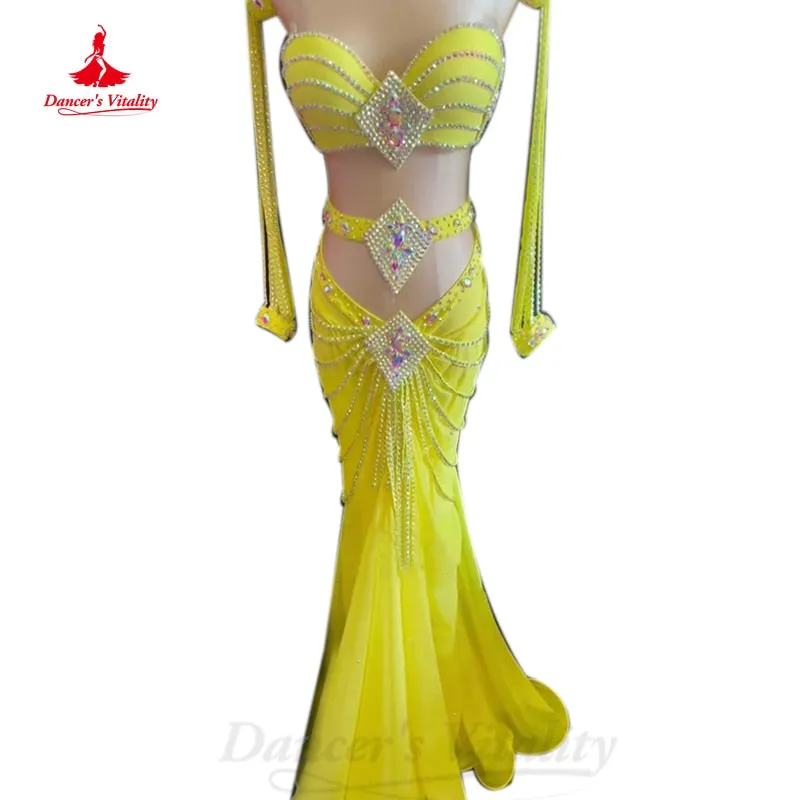 Belly Dancer Costume Suit Women Customsized Senior AB Stones Bra sleeves Fishtail Skirt 3pcs Girl's Oriental belly Dancing Suit