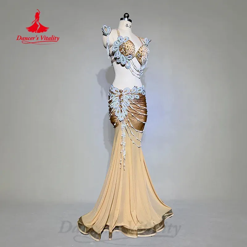 BellyDance Costume Customized High End Luxury Diamond Bra Sexy Hip Wrap Fishtail Skirt 2pcs Oriental Dance Performance Costumes