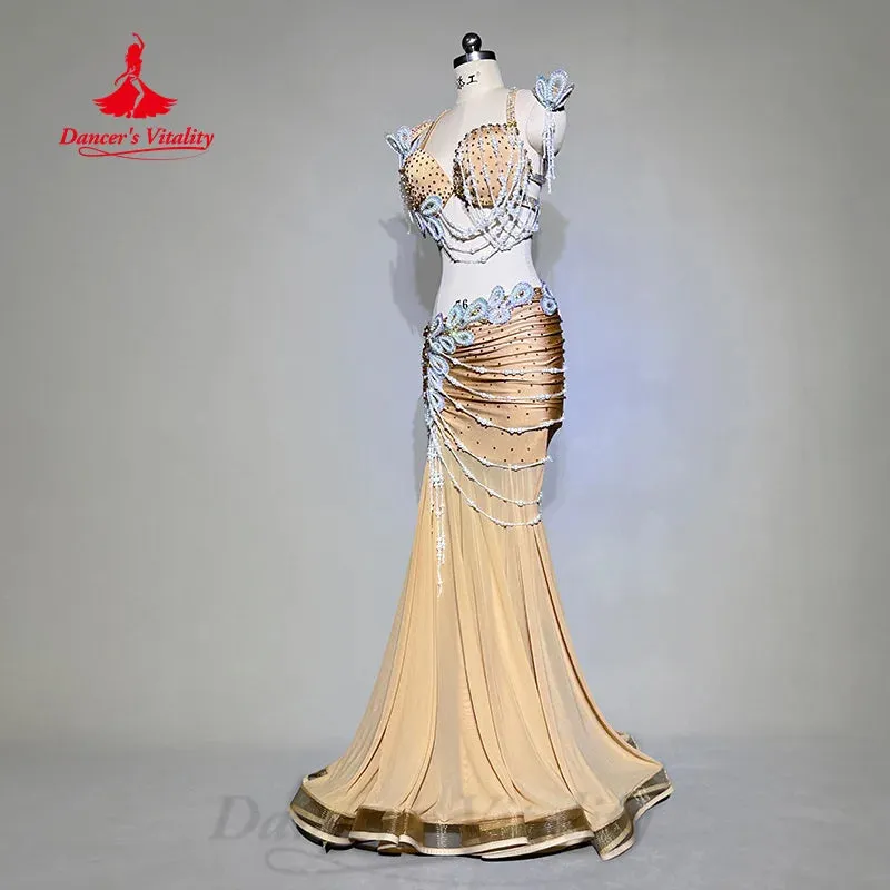 BellyDance Costume Customized High End Luxury Diamond Bra Sexy Hip Wrap Fishtail Skirt 2pcs Oriental Dance Performance Costumes