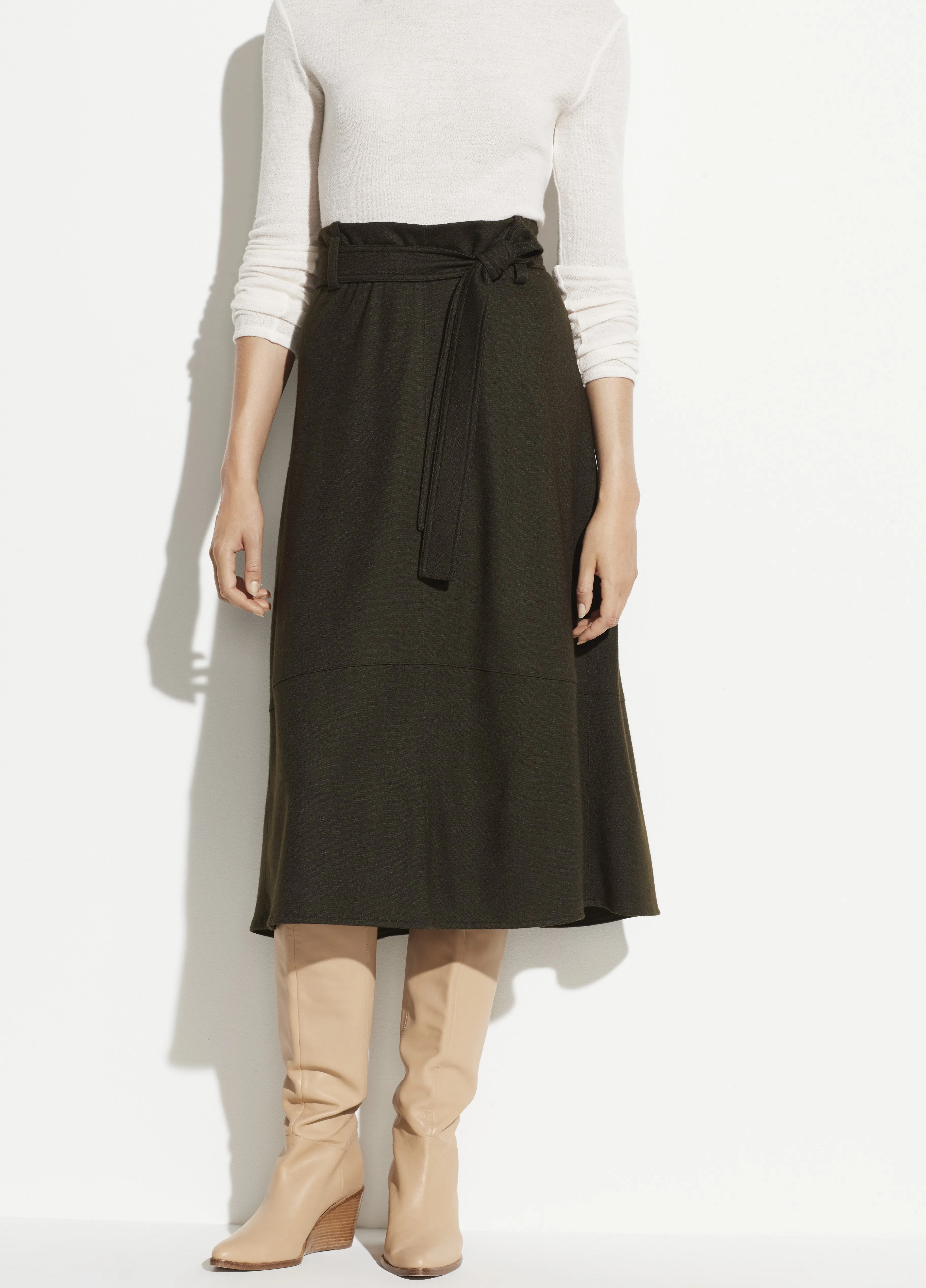 Belted Seamed Wool Skirt in Olive