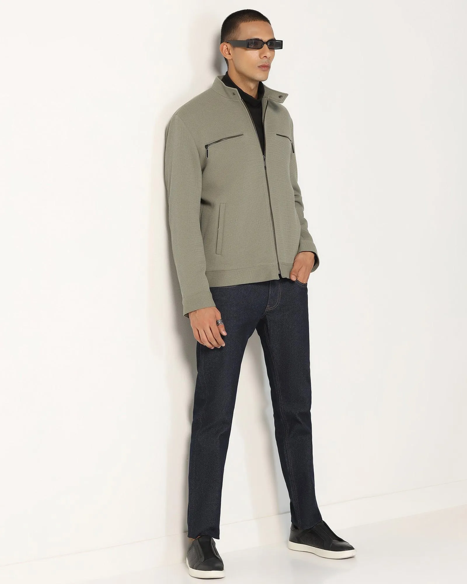 Biker Green Textured Zipper Jacket - Safari