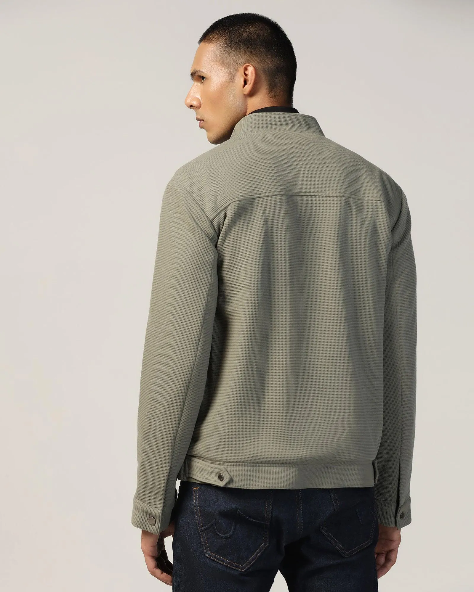 Biker Green Textured Zipper Jacket - Safari