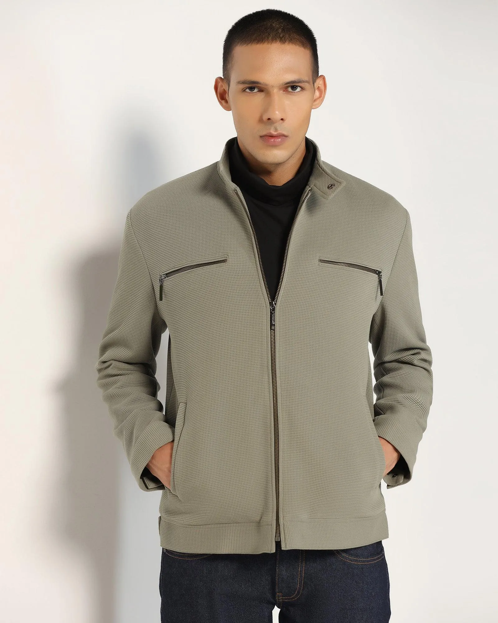 Biker Green Textured Zipper Jacket - Safari