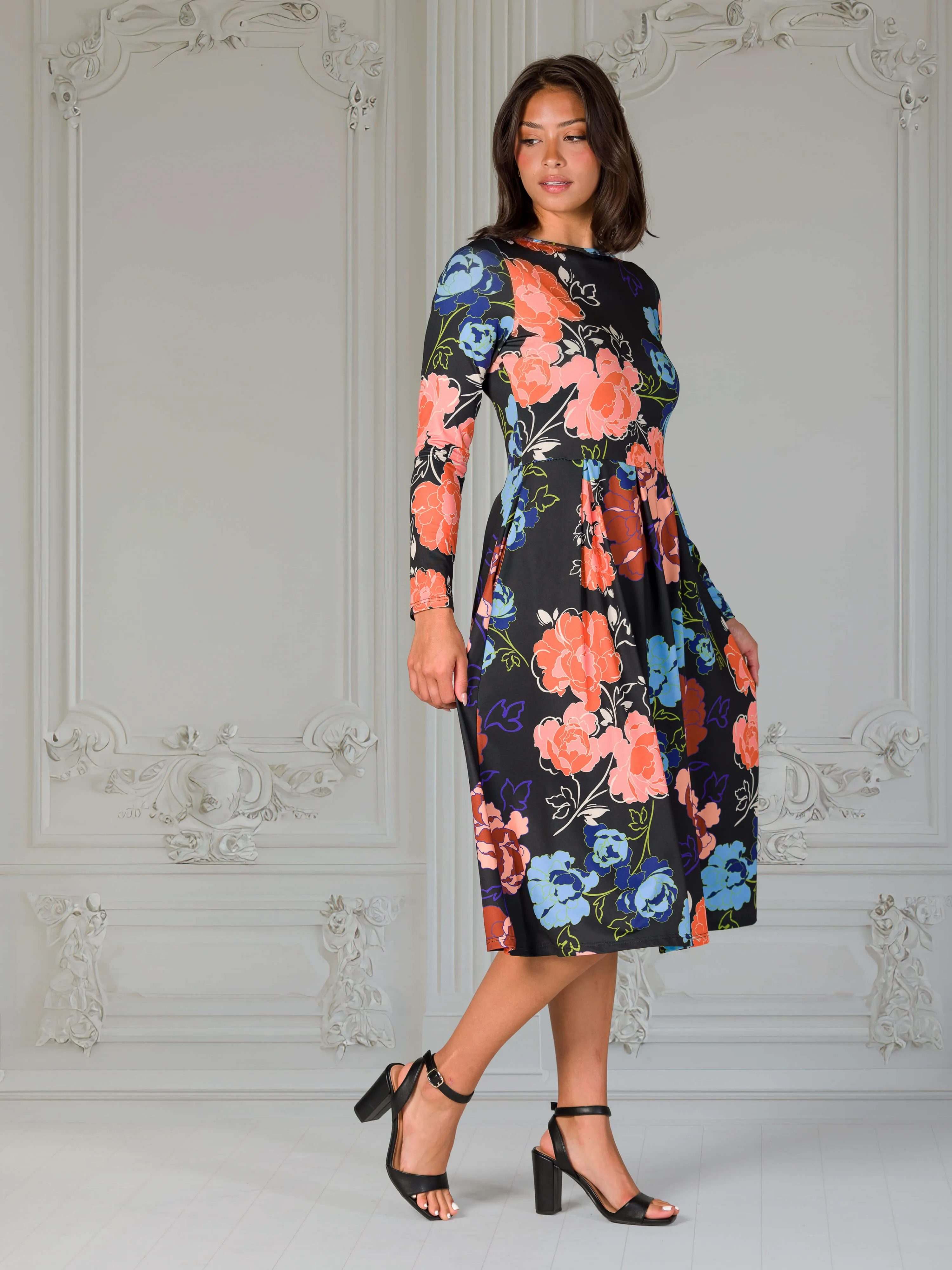 Black Floral Midi Length Long Sleeve Pocket Dress