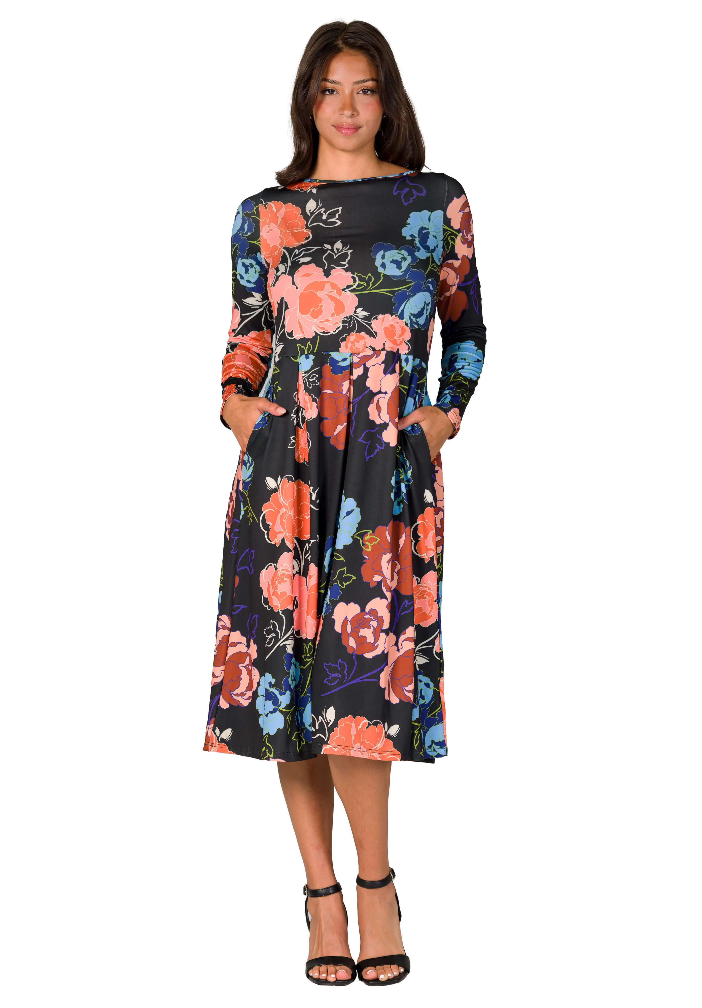 Black Floral Midi Length Long Sleeve Pocket Dress