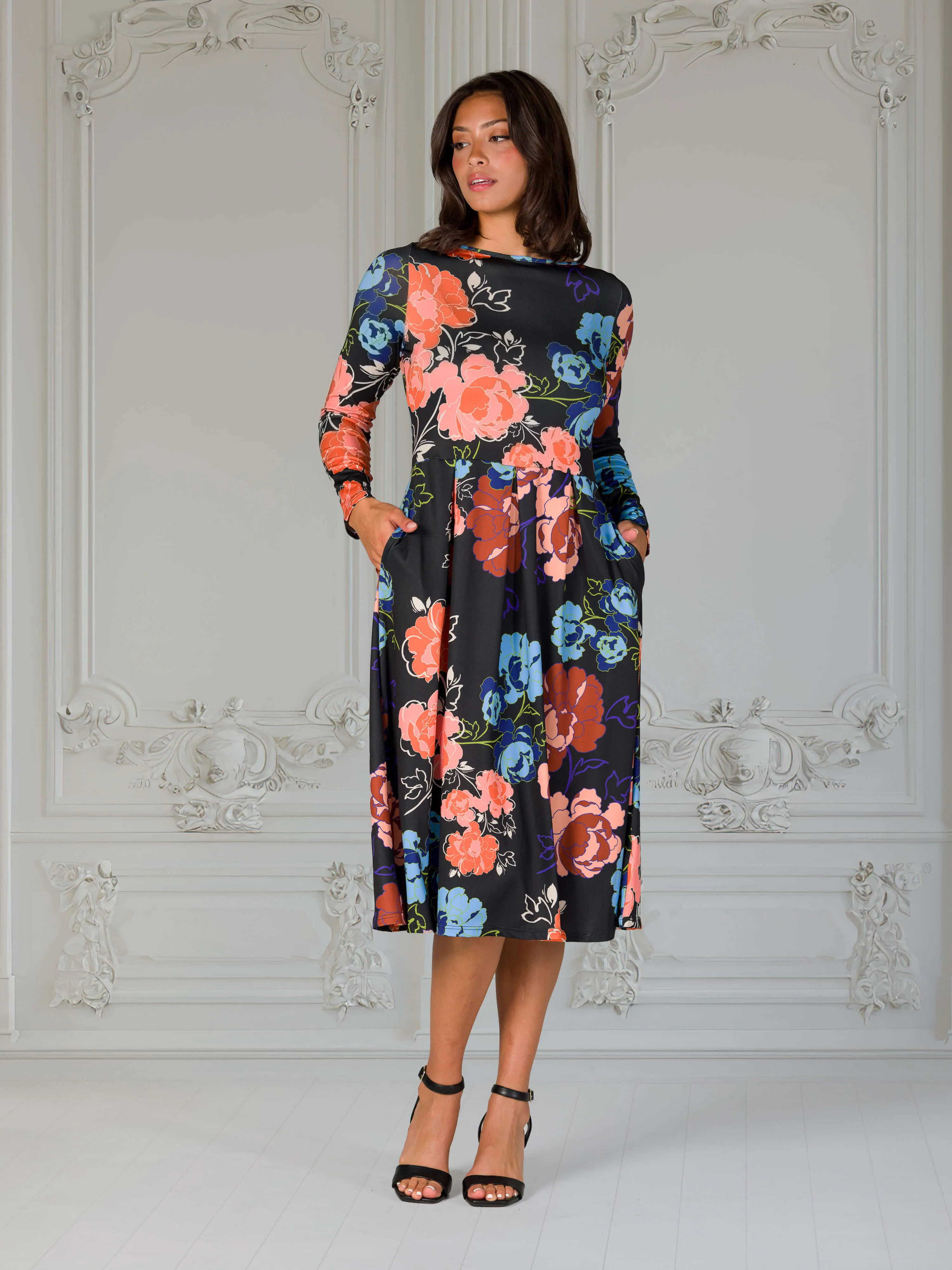 Black Floral Midi Length Long Sleeve Pocket Dress