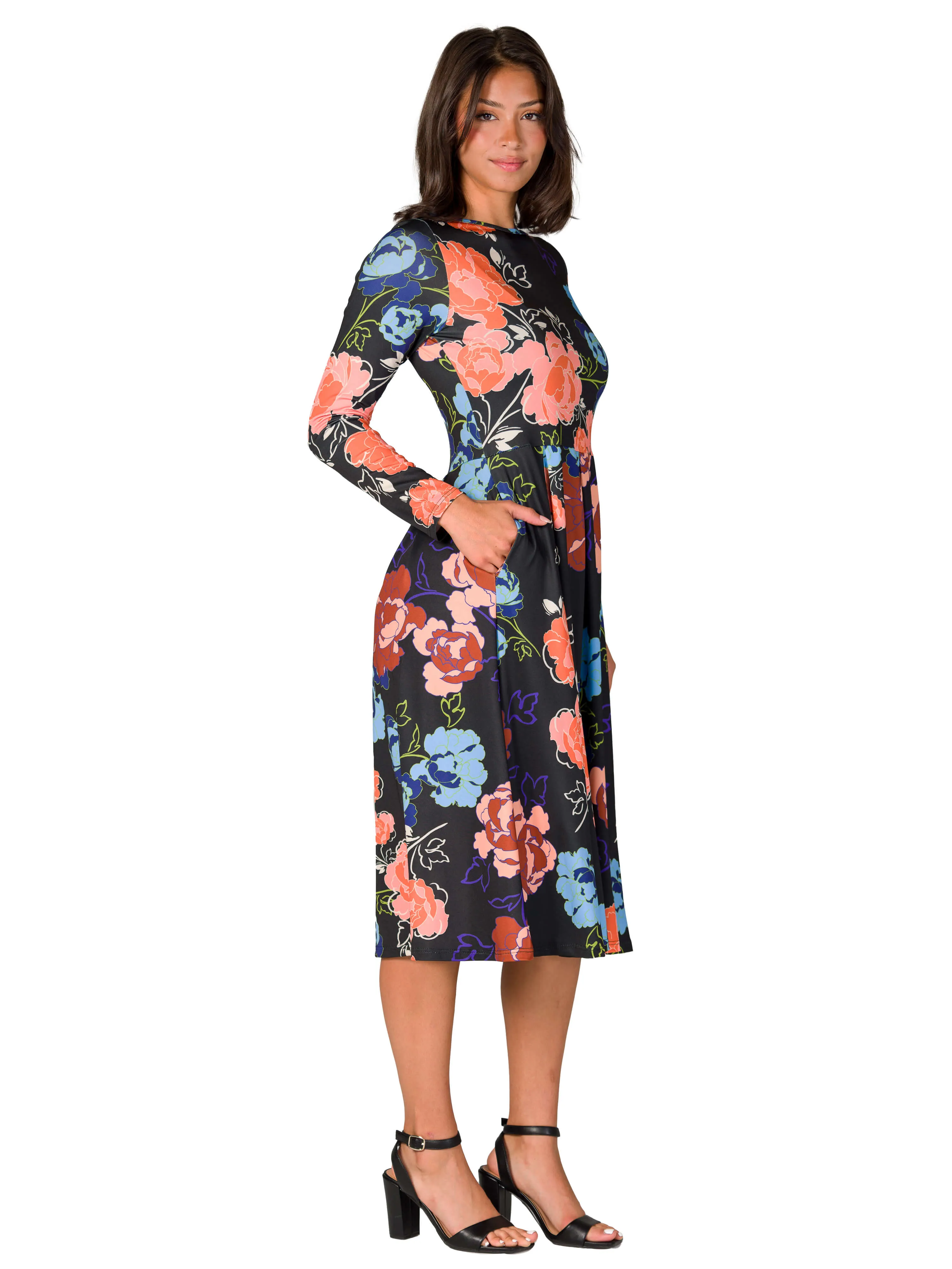 Black Floral Midi Length Long Sleeve Pocket Dress