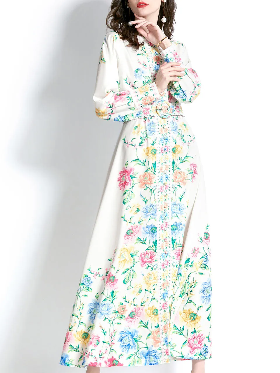 Black Floral Print Long Sleeve Boho Dress With Button Maxi Dress