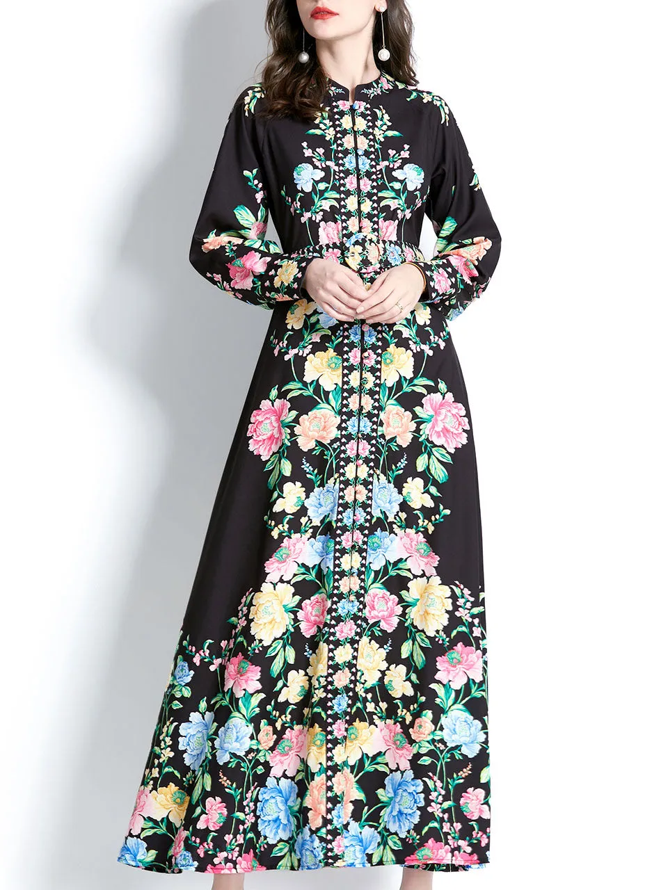 Black Floral Print Long Sleeve Boho Dress With Button Maxi Dress