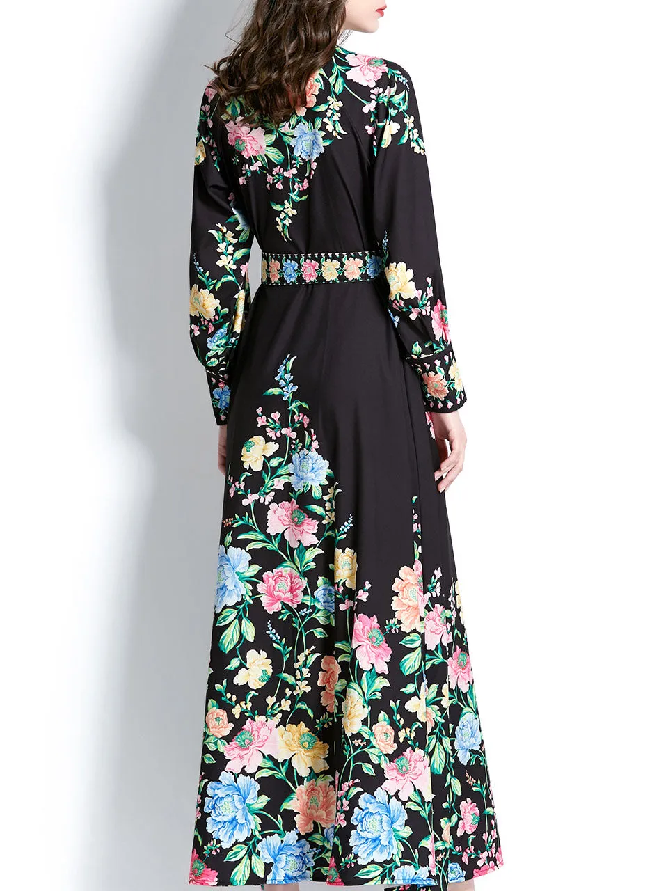 Black Floral Print Long Sleeve Boho Dress With Button Maxi Dress