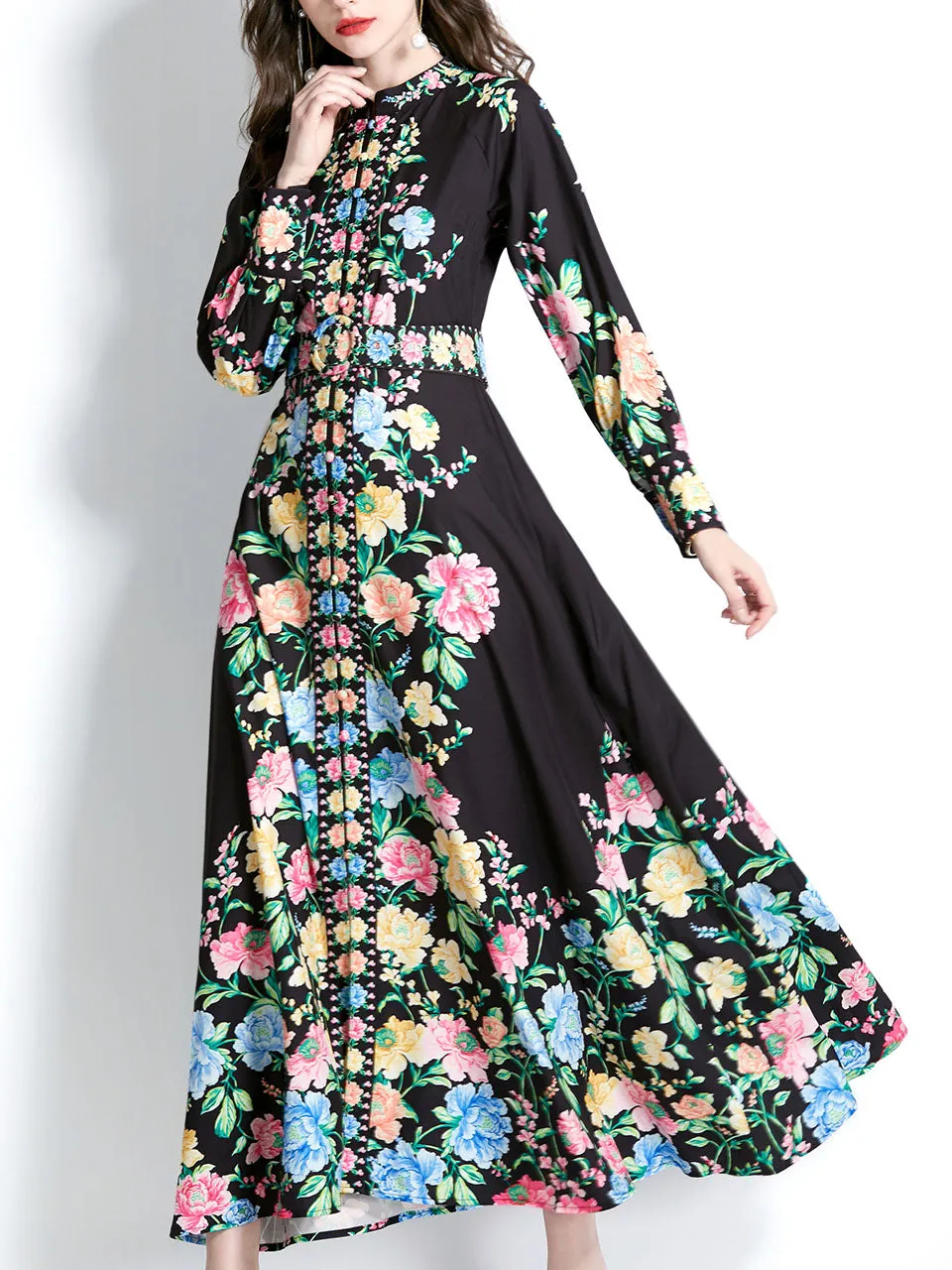 Black Floral Print Long Sleeve Boho Dress With Button Maxi Dress