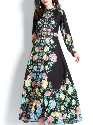 Black Floral Print Long Sleeve Boho Dress With Button Maxi Dress