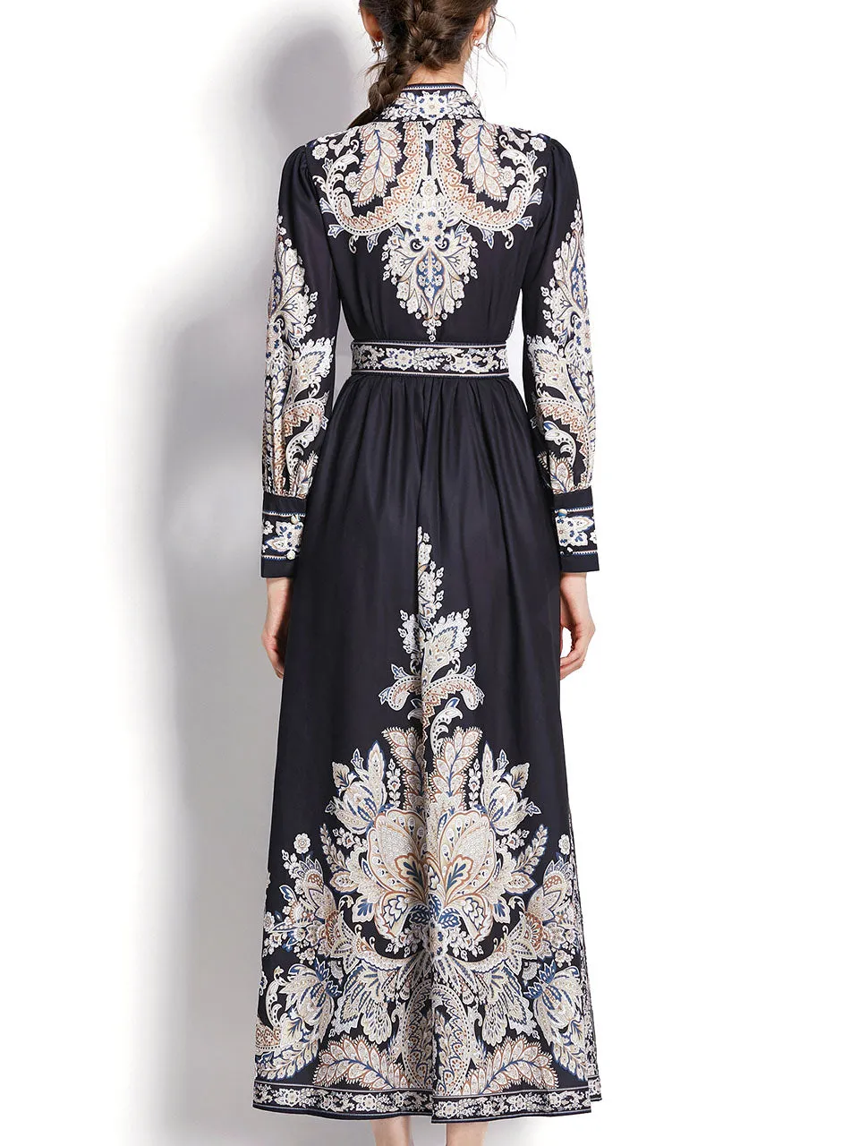 Black Flower High Neck Floral Print Trumpet Sleeve Bohemian Dress Maxi Dress