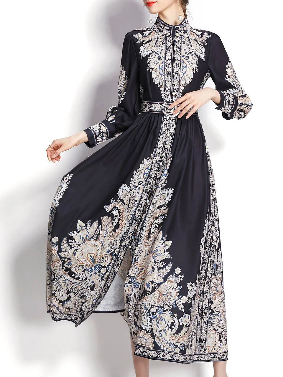 Black Flower High Neck Floral Print Trumpet Sleeve Bohemian Dress Maxi Dress