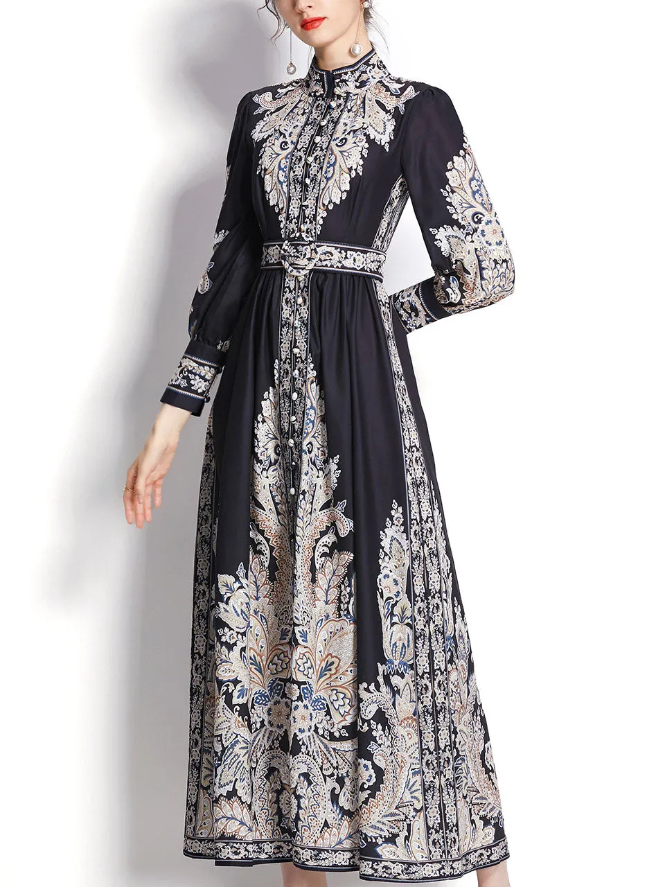 Black Flower High Neck Floral Print Trumpet Sleeve Bohemian Dress Maxi Dress