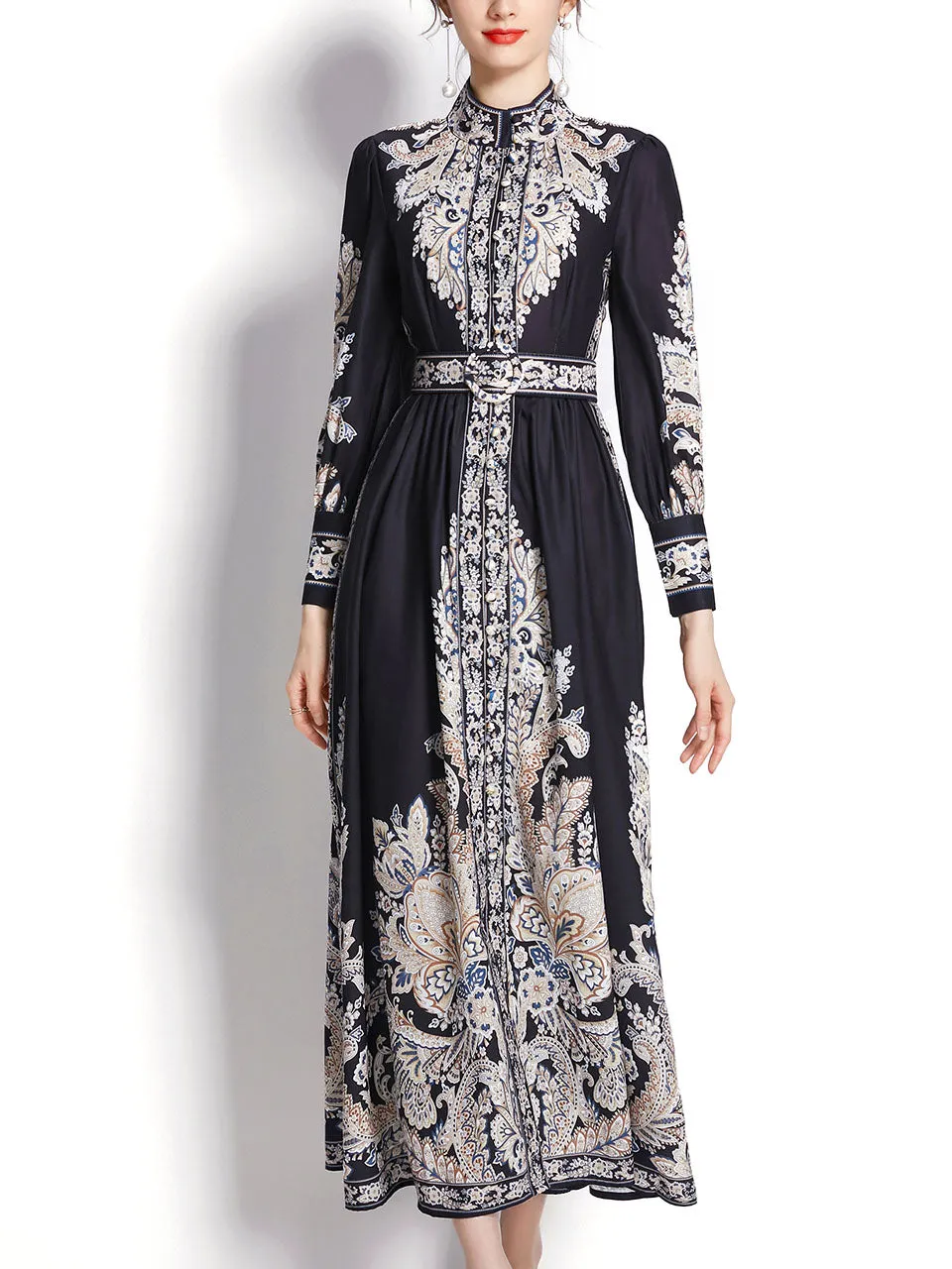 Black Flower High Neck Floral Print Trumpet Sleeve Bohemian Dress Maxi Dress