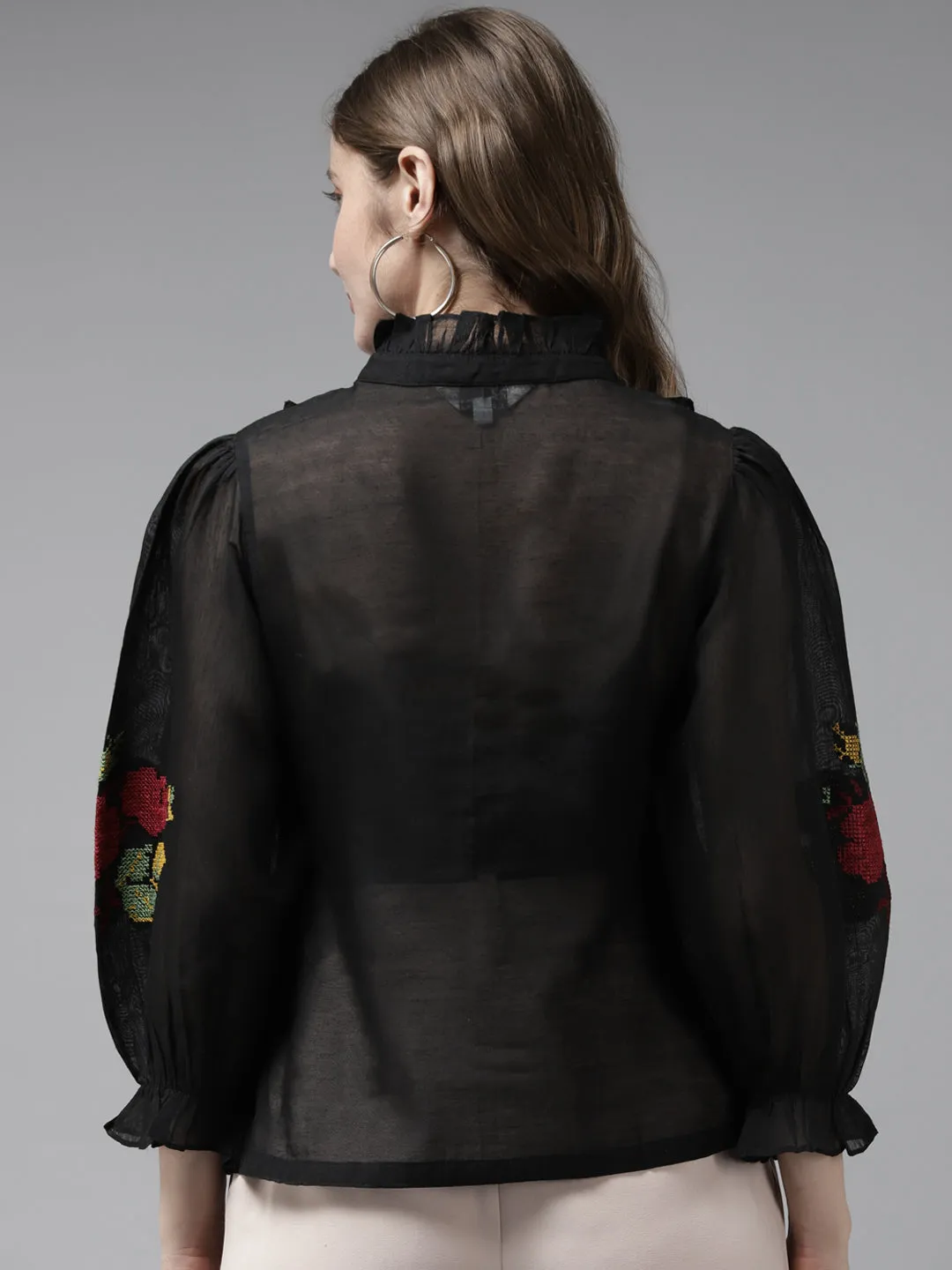 Black Front Open Embroidered Full Sleeve Top