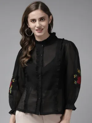 Black Front Open Embroidered Full Sleeve Top