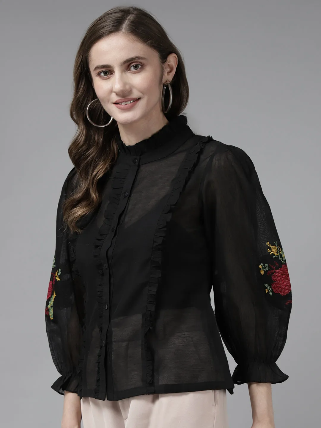 Black Front Open Embroidered Full Sleeve Top