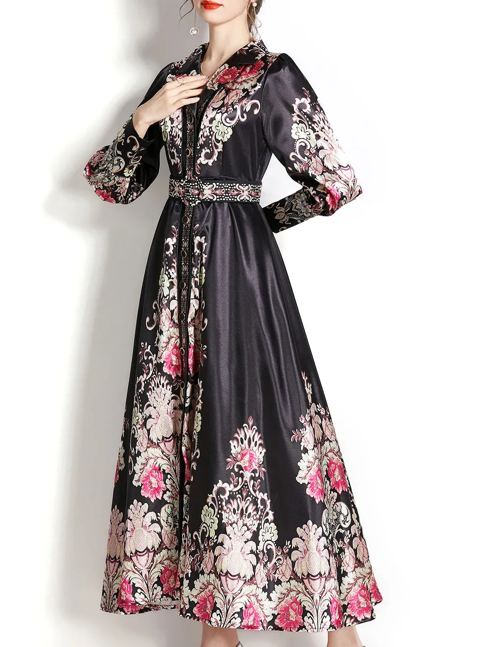 Black Lapel Collar Ruffles Lantern Sleeve Bohemian Dress Maxi Dress