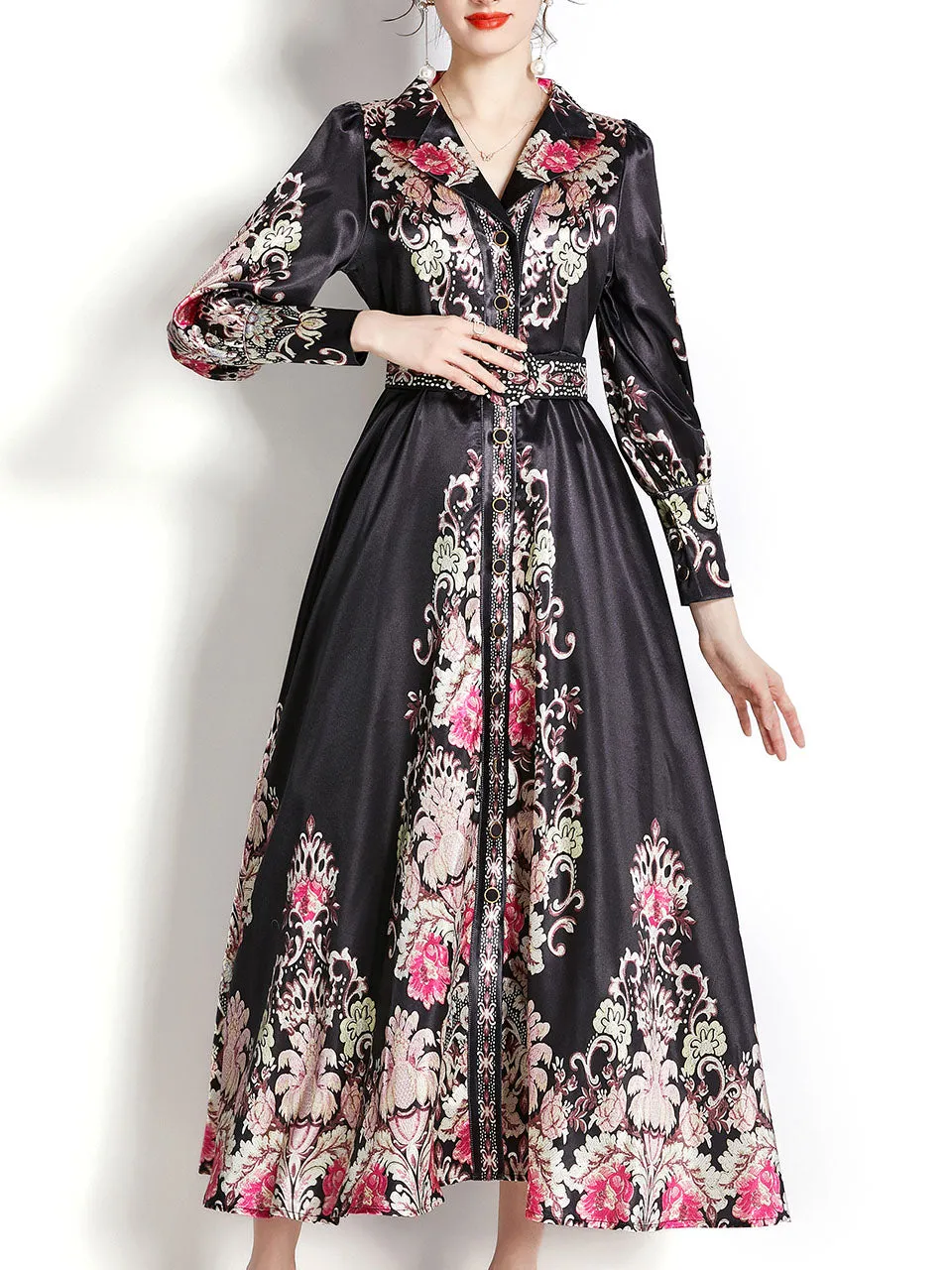 Black Lapel Collar Ruffles Lantern Sleeve Bohemian Dress Maxi Dress