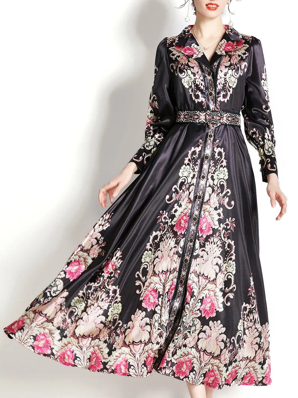 Black Lapel Collar Ruffles Lantern Sleeve Bohemian Dress Maxi Dress